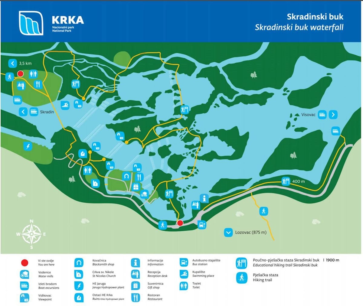 krka નેશનલ પાર્ક ક્રોએશિયા નકશો
